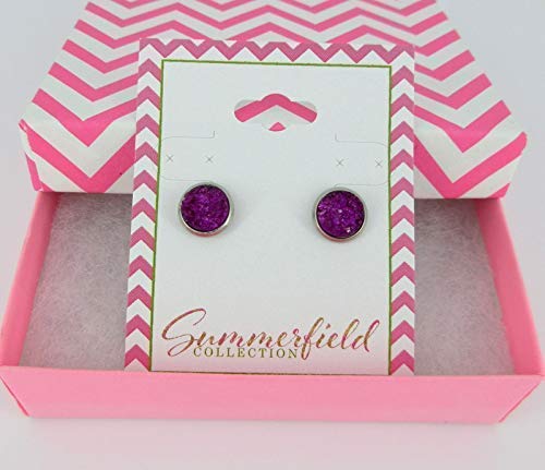 Stainless Steel Deep Magenta Faux Druzy Stone Stud Earrings 8mm