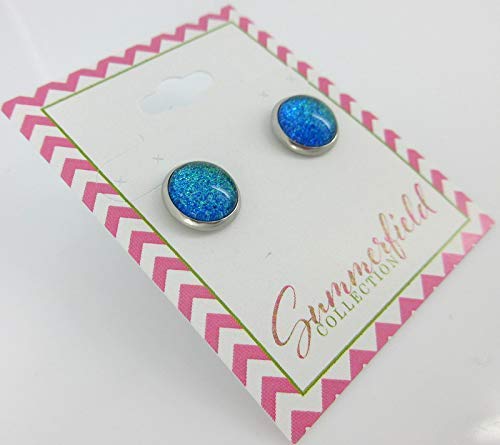 Stainless Steel Blue Green Glitter Glass Stud Earrings Hand-painted 10mm