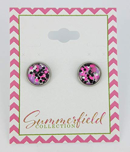Stainless Steel Pink Purple White Black Glitter Glass Stud Earrings Hand-painted 10mm