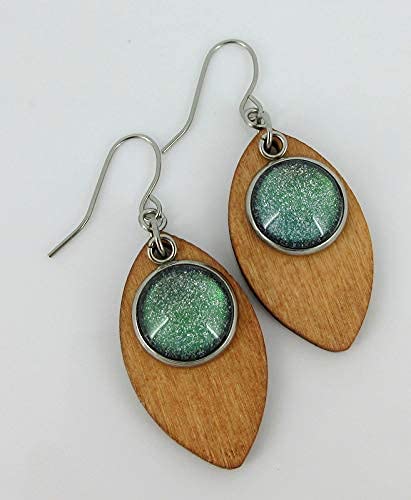 Stainless Steel Green Glitter Glass Charm Wood Leaf Dangle Earrings