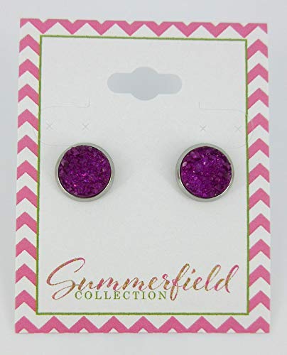 Stainless Steel Deep Magenta Faux Druzy Stone Stud Earrings