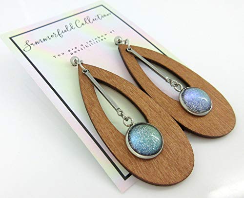 Stainless Steel Green Glitter Glass Charm Wood Teardrop Drop Earrings