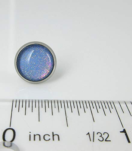 Stainless Steel Sky Blue and Rainbow Glitter Flake Glass Stud Earrings Hand-painted 10mm