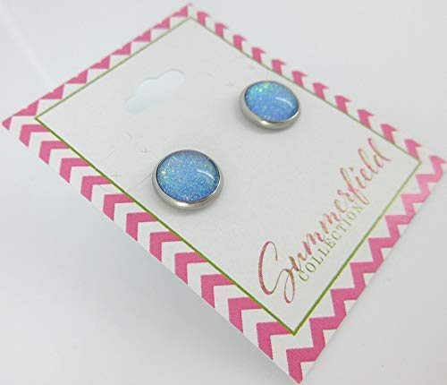 Stainless Steel Sky Blue and Rainbow Glitter Flake Glass Stud Earrings Hand-painted 10mm
