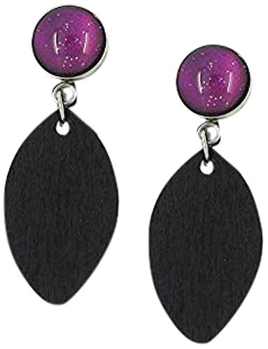Stainless Steel Magenta Purple Glitter Glass Black Wood Drop Earrings