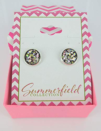 Silver-tone Burgundy Confetti Glitter Glass Stud Earrings Hand-painted 10mm