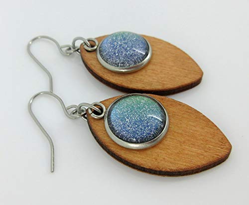 Stainless Steel Green Glitter Glass Charm Wood Leaf Dangle Earrings