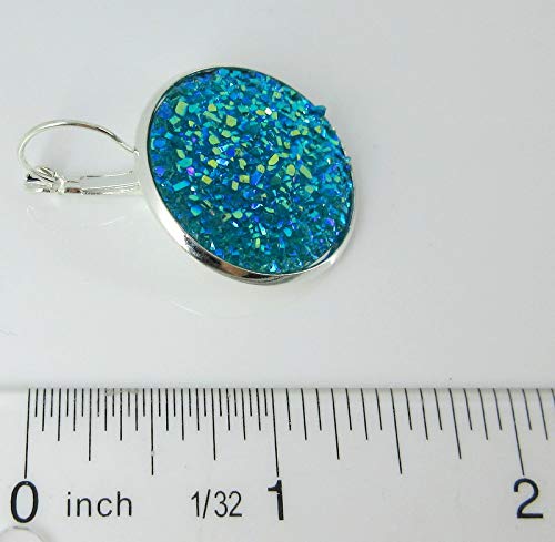 Silver-tone Aqua Blue Faux Druzy Stone Lever-back Drop Earrings Large 25mm