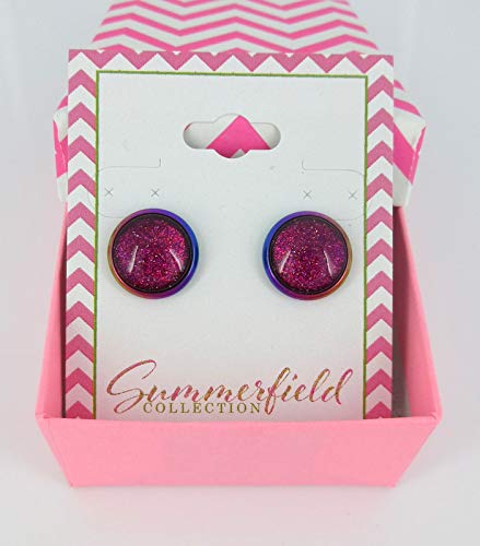 Rainbow Stainless Steel Metallic Glitter Glass Stud Earrings Hand-painted 12mm (Pink)
