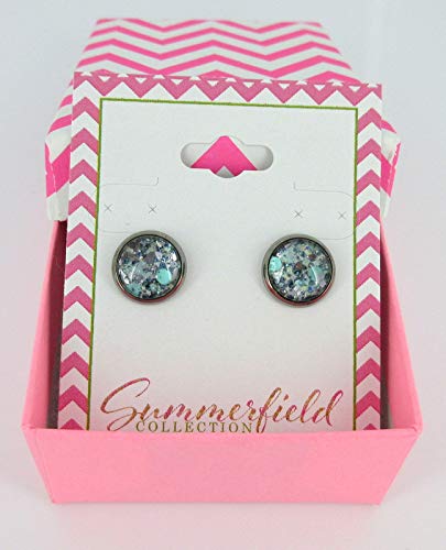 Hematite-tone Mint Green and Silver Glitter Glass Stud Earrings Hand-painted 10mm
