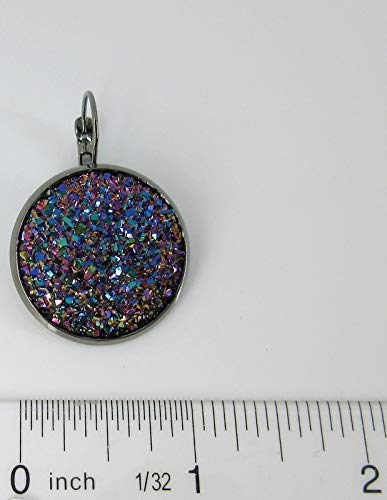 Hematite-tone Purple Pink Teal Faux Druzy Stone Lever-back Drop Earrings Large 25mm