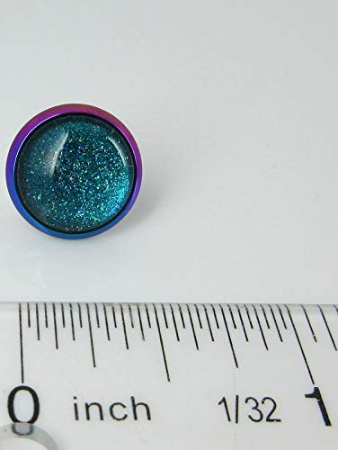 Rainbow Stainless Steel Metallic Aqua Blue Glitter Glass Stud Earrings Hand-painted 12mm