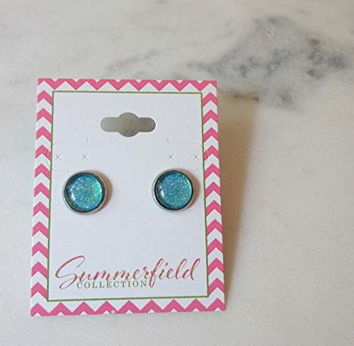 Stainless Steel Ocean Green Blue Glitter Glass Stud Earrings Hand-painted 10mm