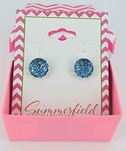 Silver-tone Blue Sparkle Glitter Glass Stud Earrings Hand-painted 10mm