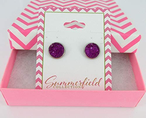 Stainless Steel Deep Magenta Faux Druzy Stone Stud Earrings