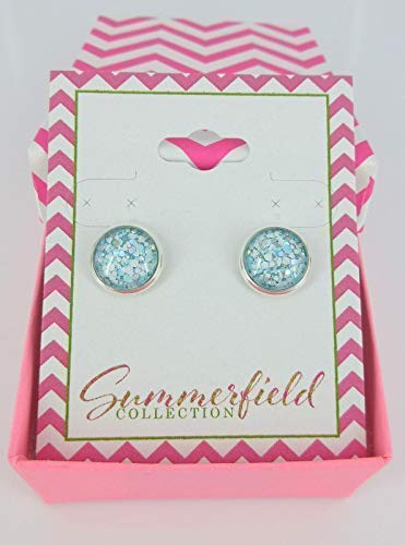Silver-tone Blue and White Glitter Glass Stud Earrings Hand-painted 10mm