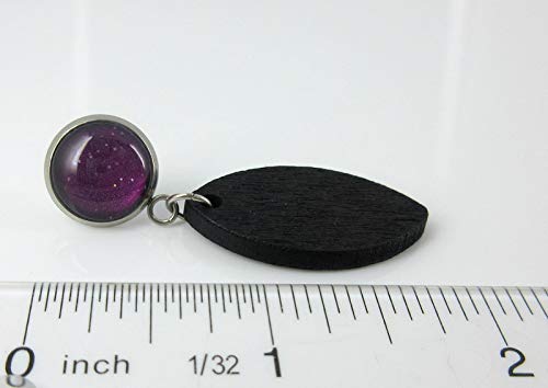 Stainless Steel Magenta Purple Glitter Glass Black Wood Drop Earrings