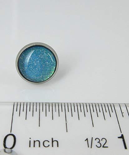 Stainless Steel Ocean Green Blue Glitter Glass Stud Earrings Hand-painted 10mm