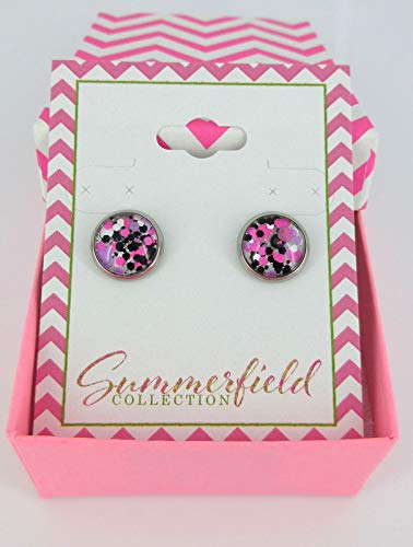 Stainless Steel Pink Purple White Black Glitter Glass Stud Earrings Hand-painted 10mm