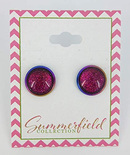 Rainbow Stainless Steel Metallic Glitter Glass Stud Earrings Hand-painted 12mm (Pink)