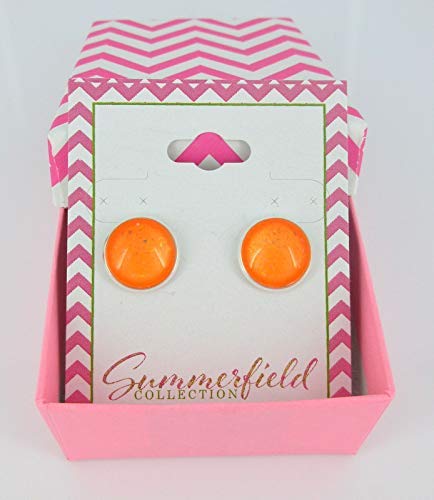 Silver-tone Neon Orange Glitter Glass Stud Earrings Hand-painted 12mm