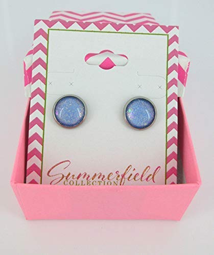 Stainless Steel Sky Blue and Rainbow Glitter Flake Glass Stud Earrings Hand-painted 10mm