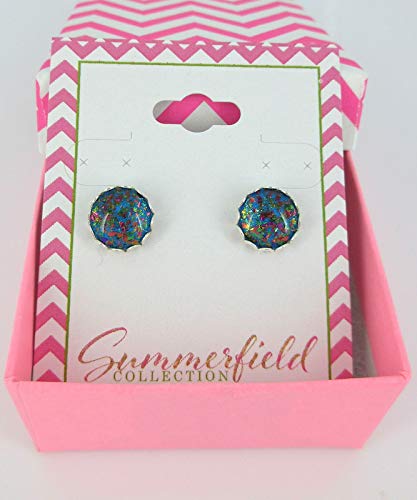 Silver-tone Aqua Blue and Rainbow Flake Glass Stud Earrings Hand-painted 10mm