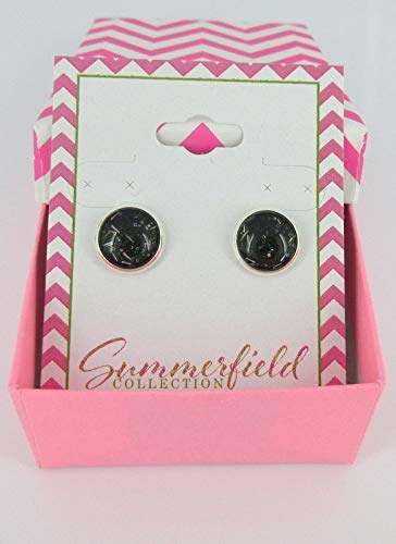 Silver-tone Black Galaxy Glitter Glass Stud Earrings Hand-painted 10mm