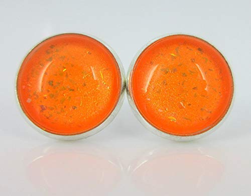 Silver-tone Neon Orange Glitter Glass Stud Earrings Hand-painted 12mm