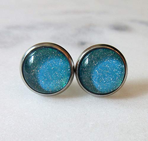 Stainless Steel Ocean Green Blue Glitter Glass Stud Earrings Hand-painted 10mm