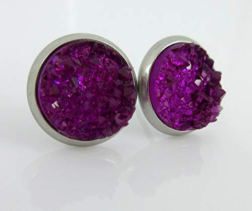 Stainless Steel Deep Magenta Faux Druzy Stone Stud Earrings
