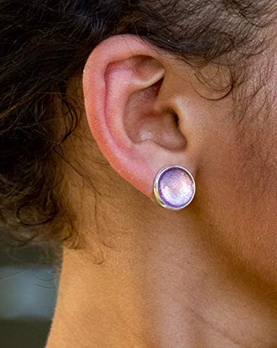Silver-tone Metallic Mauve Glitter Glass Stud Earrings Hand-painted 12mm