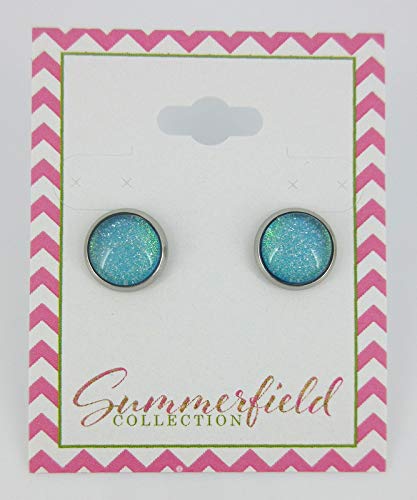 Stainless Steel Ocean Green Blue Glitter Glass Stud Earrings Hand-painted 10mm
