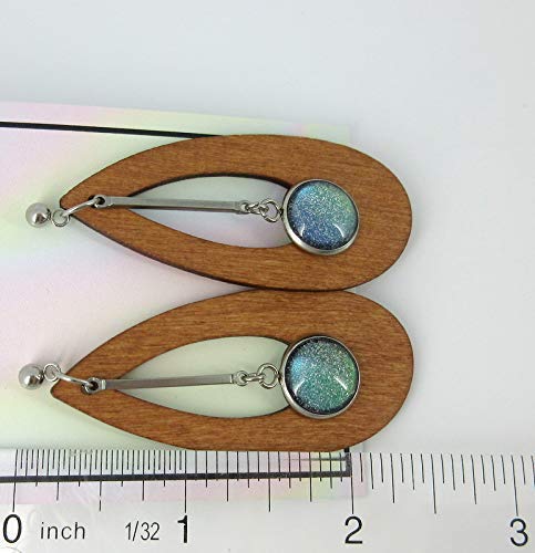Stainless Steel Green Glitter Glass Charm Wood Teardrop Drop Earrings