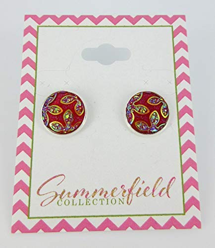 Silver-tone Red Frosted Flower Metallic Rainbow Stud Earrings 12mm