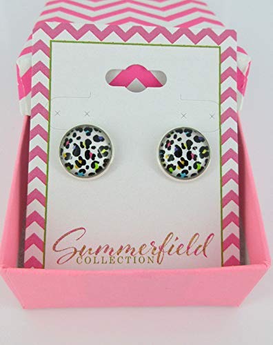 Silver-tone White and Rainbow Cheetah Animal Print Glass Stud Earrings 12mm