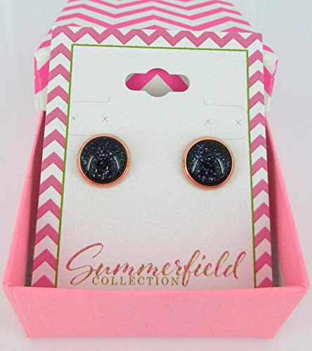 Rose Gold-tone Black and Holographic Flake Glitter Glass Stud Earrings Hand-painted 10mm