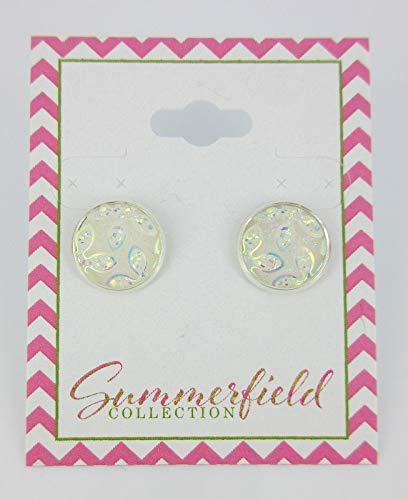 Silver-tone White AB Frosted Flower Metallic Rainbow Stud Earrings 12mm
