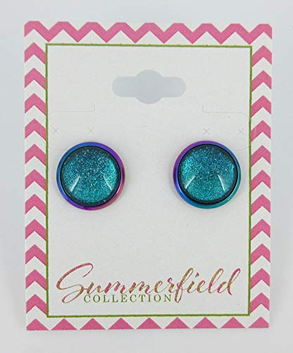 Rainbow Stainless Steel Metallic Aqua Blue Glitter Glass Stud Earrings Hand-painted 12mm