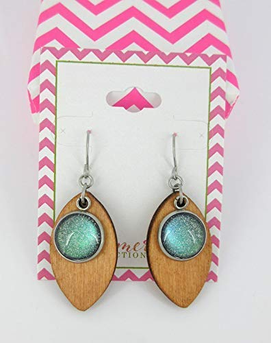 Stainless Steel Green Glitter Glass Charm Wood Leaf Dangle Earrings