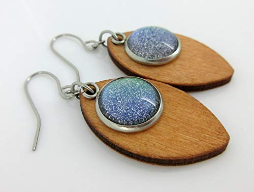 Stainless Steel Green Glitter Glass Charm Wood Leaf Dangle Earrings