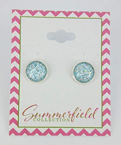 Silver-tone Blue and White Glitter Glass Stud Earrings Hand-painted 10mm