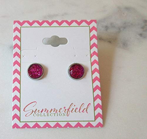 Stainless Steel Deep Magenta Faux Druzy Stone Stud Earrings 8mm