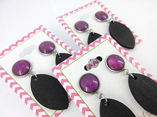 Stainless Steel Magenta Purple Glitter Glass Black Wood Drop Earrings