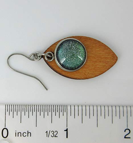 Stainless Steel Green Glitter Glass Charm Wood Leaf Dangle Earrings