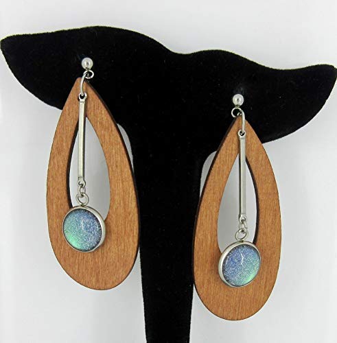 Stainless Steel Green Glitter Glass Charm Wood Teardrop Drop Earrings