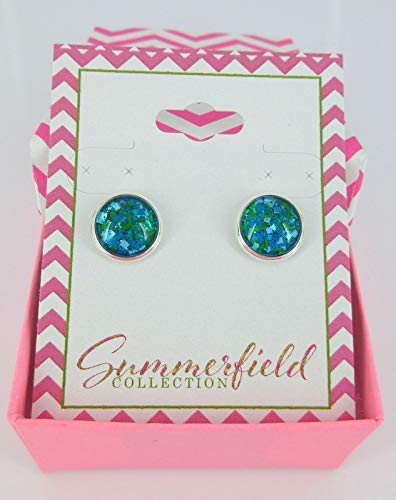 Silver-tone Aqua Blue and Green Glitter Glass Stud Earrings Hand-painted 10mm