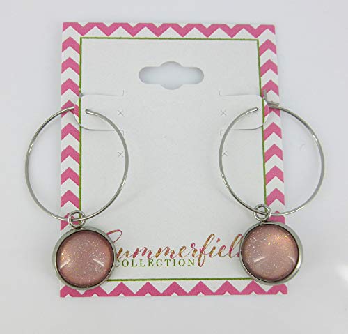 Stainless Steel Light Pink Glass Charm Hoop Earrings Hand-painted 1"