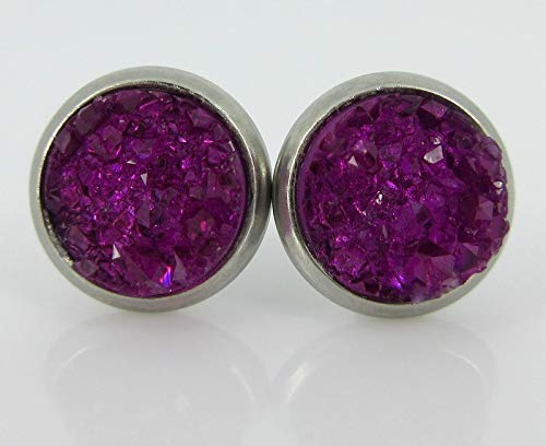 Stainless Steel Deep Magenta Faux Druzy Stone Stud Earrings 8mm