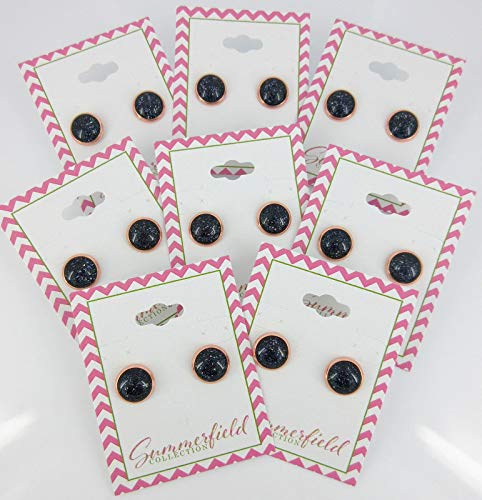 Rose Gold-tone Black and Holographic Flake Glitter Glass Stud Earrings Hand-painted 10mm